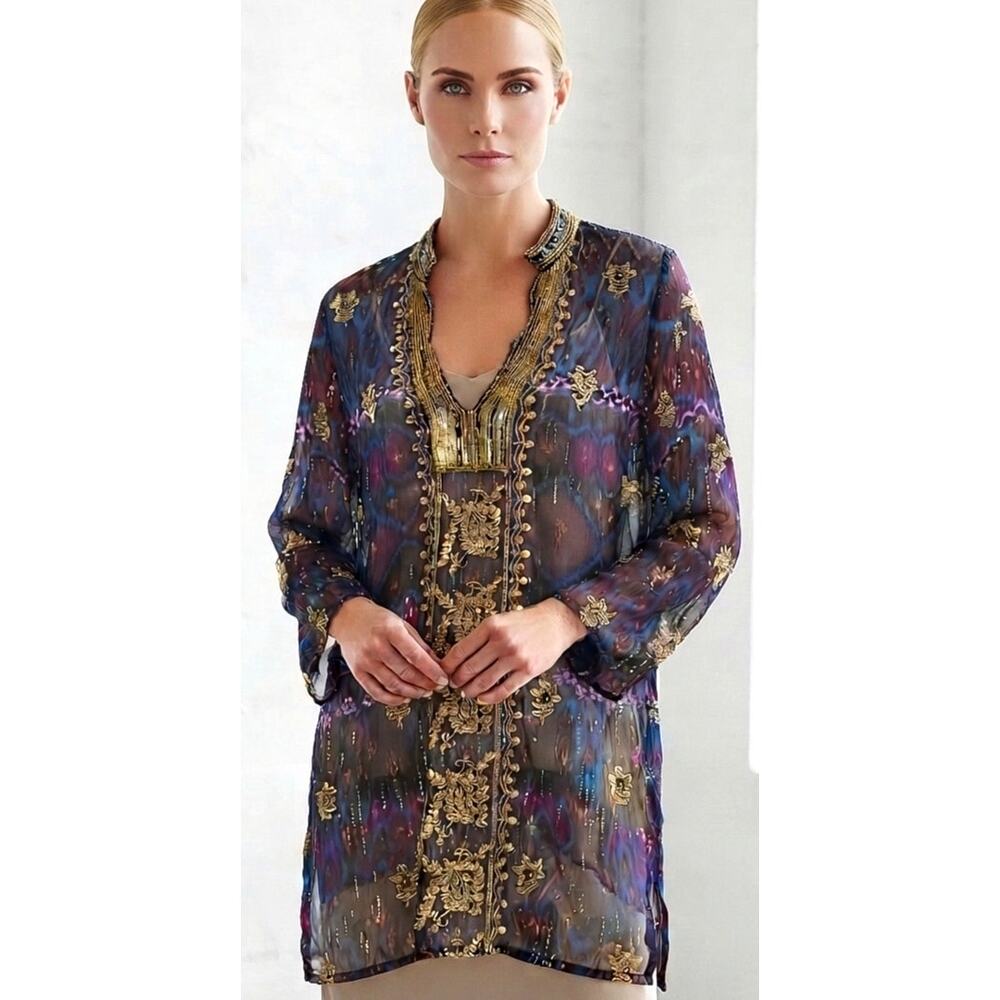 Z.B.D. Designs Sheer Bollywood Silk Tunic with Gold Embroidery and Sequins